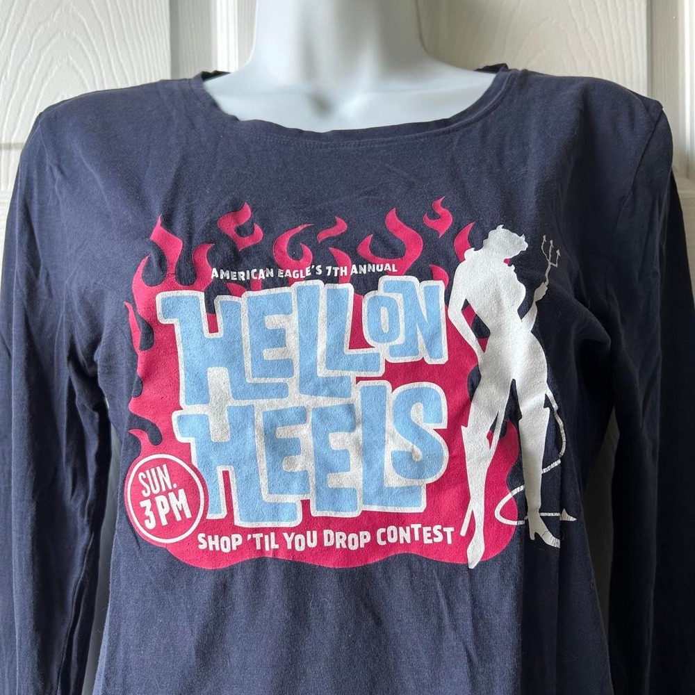 Y2K American Eagle - Hell On Heels Long Sleeve Graphic Tee | Dark Blue | Size M - Picture 6 of 6